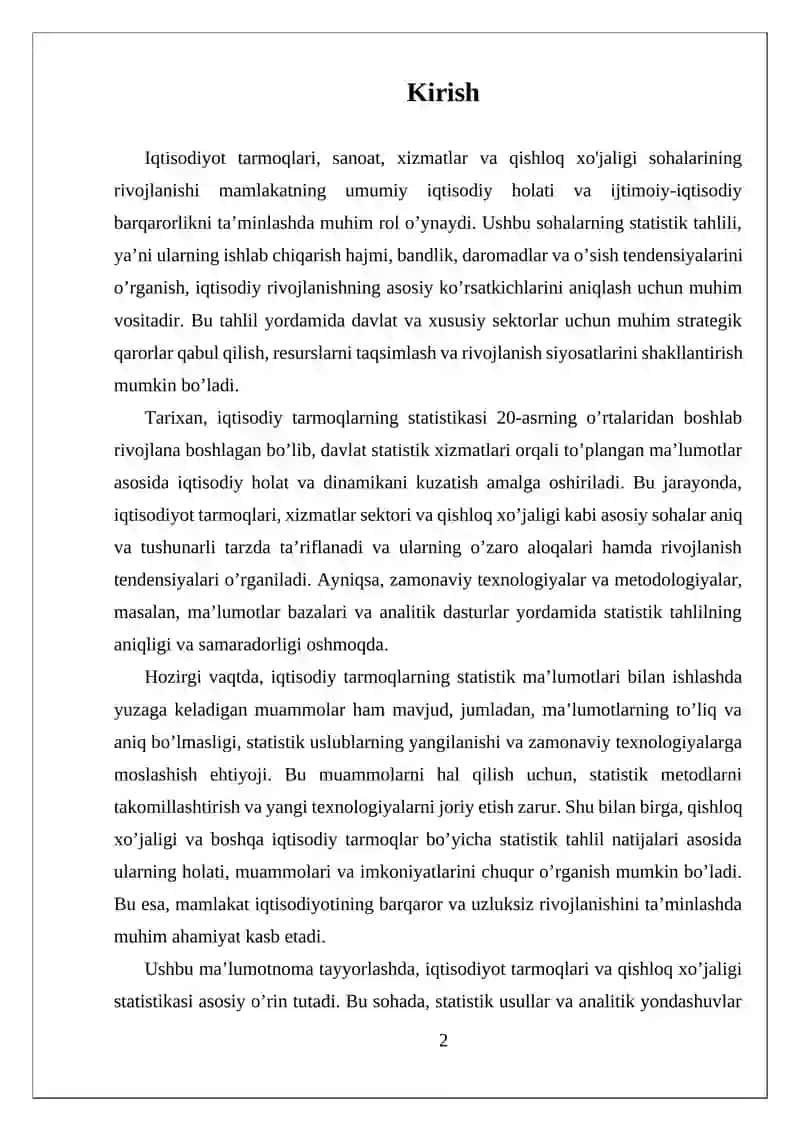 IQTISODIYOT TARMOQLARI SANOATI XIZMATLAR QISHLOQ XO'JALIGI BOʻYICHA STATISTIK TAHLILIY MA'LUMOTNOMA TAYYORLASH 2