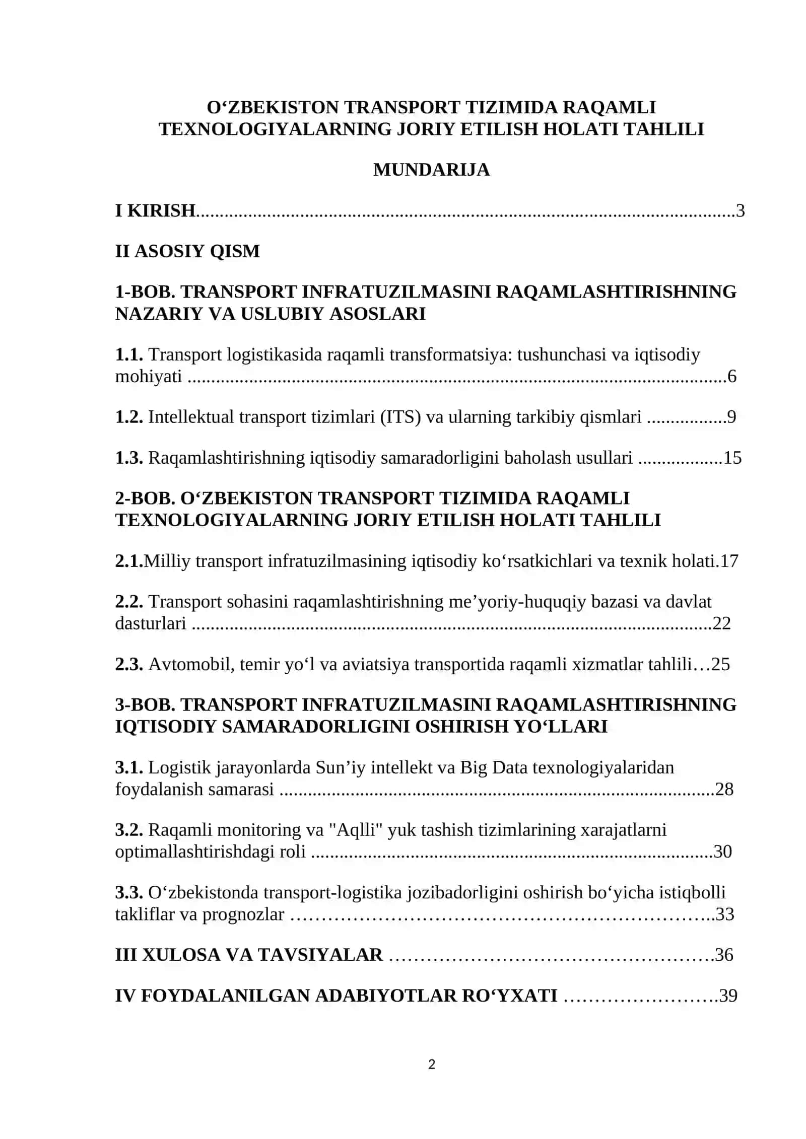 O”zbekistonda transport infratuzilmasini raqamlashtirishning iqtisodiy samaradorligi.. 2