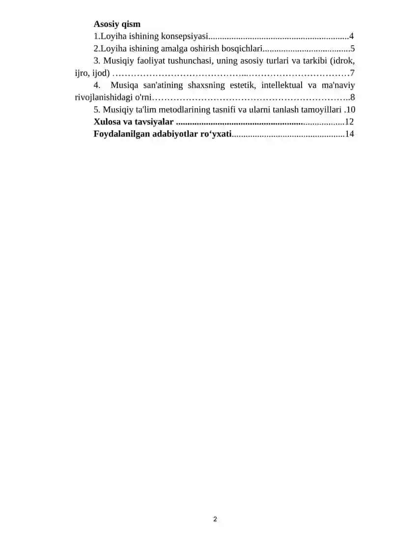 Musiqiy faoliyat turlari. Ta'lim-tarbiya jarayonida musiqiy ta'lim metodlarining o'rni ilmiy loyiha.docx 2