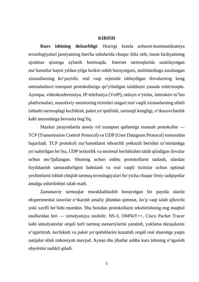 TCP va UDP protokollarining real vaqtli ilovalarda ishlash samaradorligini simulyatsiya orqali o‘rganish. 2