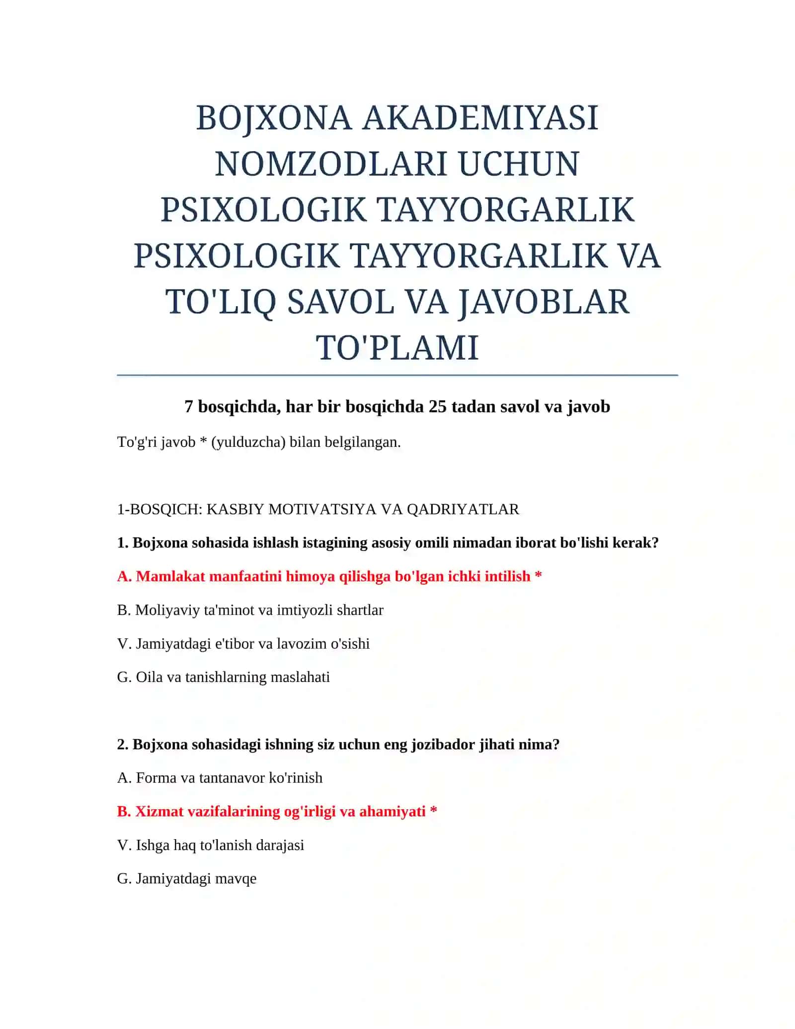 PSIXOLOGIK TAYYORGARLIK VA TO'LIQ SAVOL VA JAVOBLAR TO'PLAMI 2