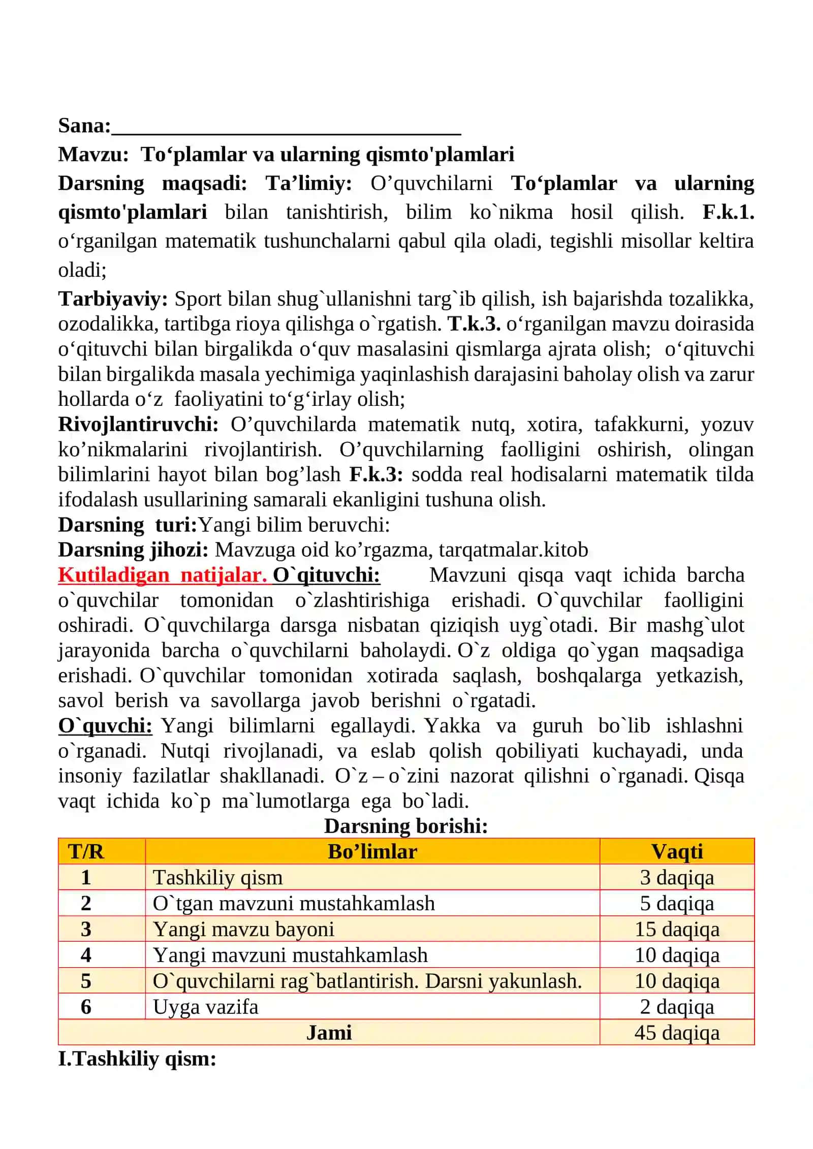 To‘plamlar va ularning qismto'plamlari mavzusida 3-sinf Matematika fanidan dars ishlanmasi 2