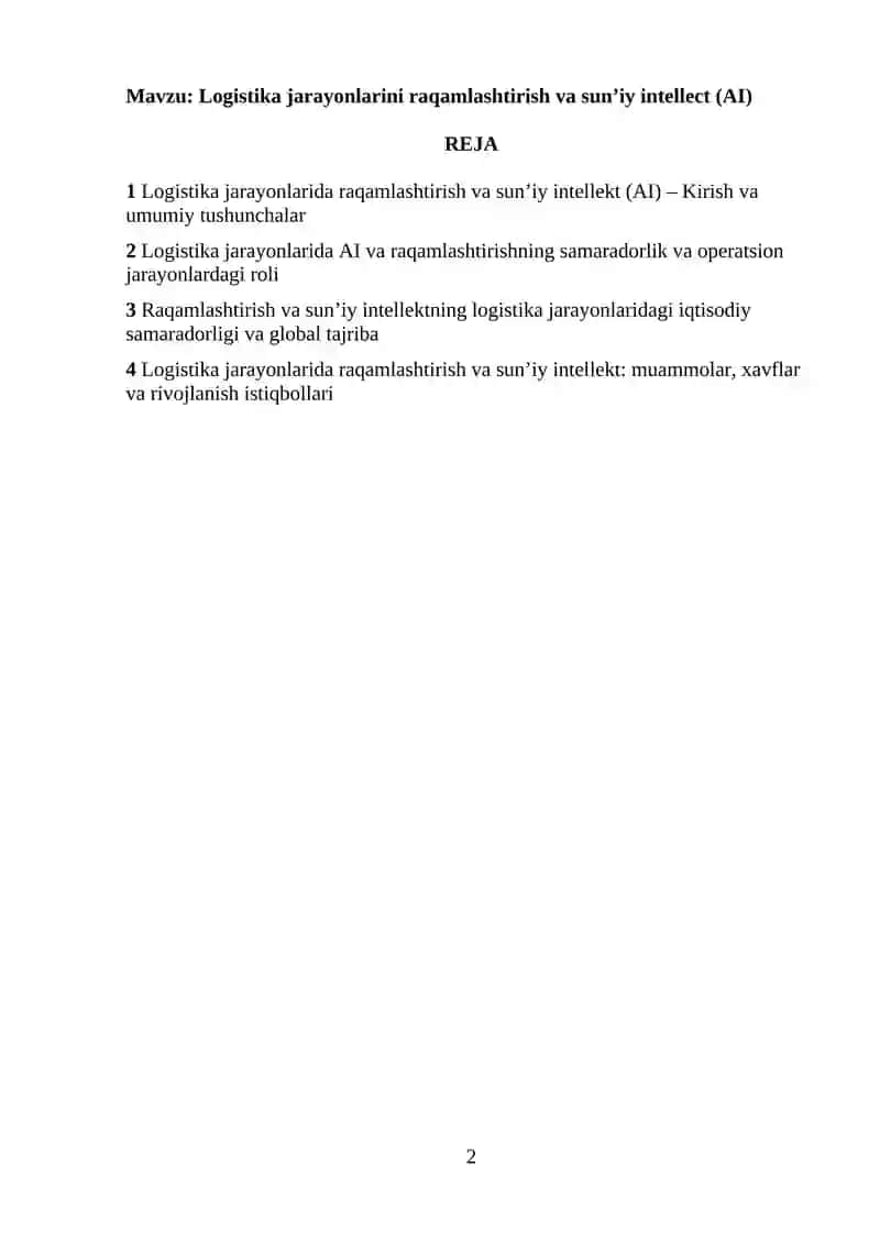 Logistika jarayonlarini raqamlashtirish va sunʼiy intellect (AI) 2