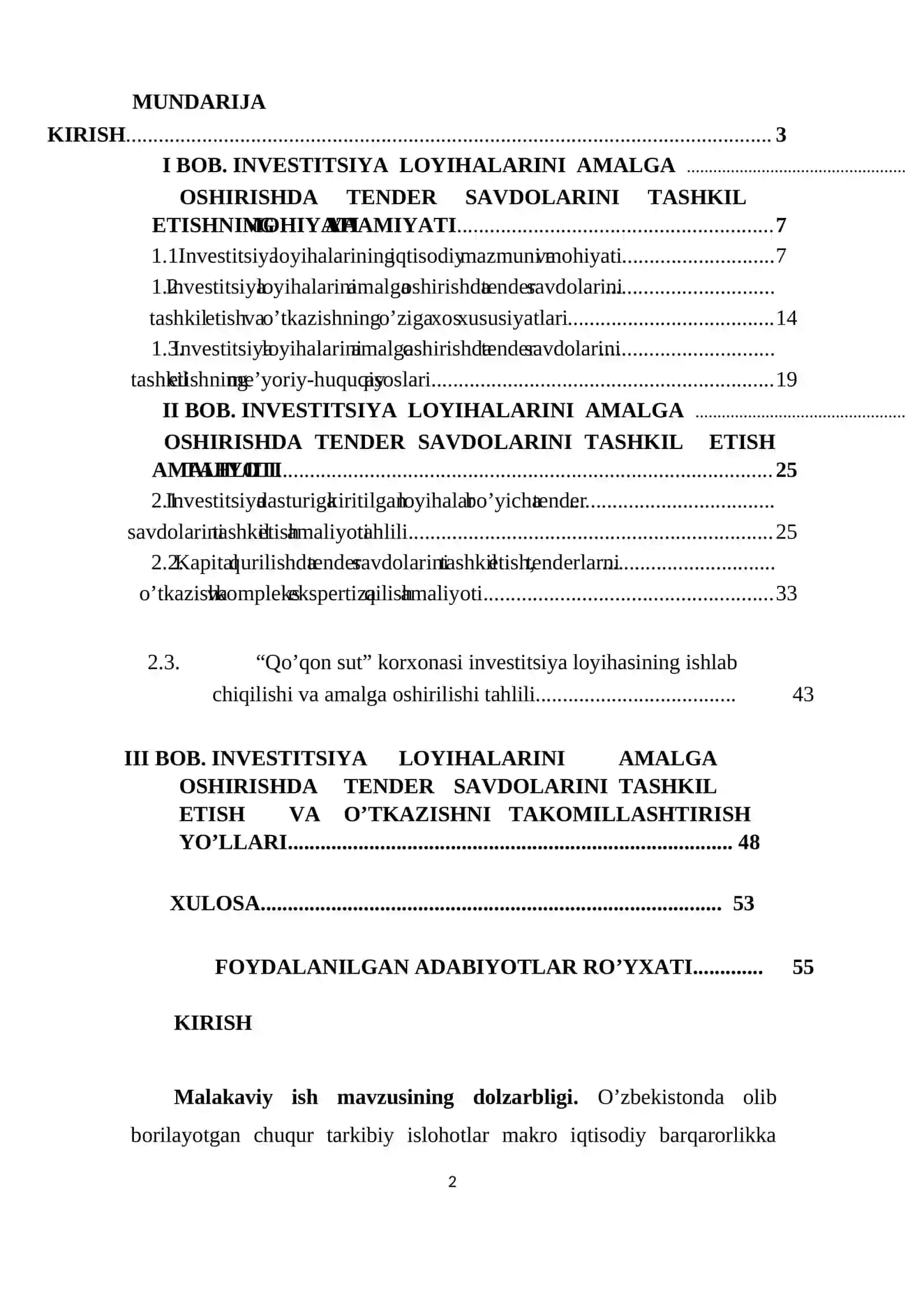INVESTITSIYA LOYIHASINI AMALGA OSHIRISHDA TENDER SAVDOLARINI TASHKIL ETISH VA O’TKAZISH 2