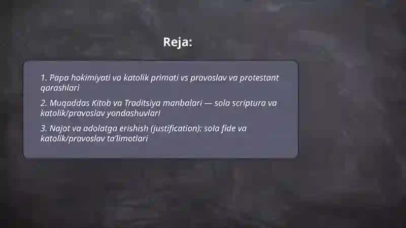 Xristianlikdagi asosiy oqimlar katalik pravaskov protestantizm oqimlar qarashlar oʻrtasidagi farqlar 2