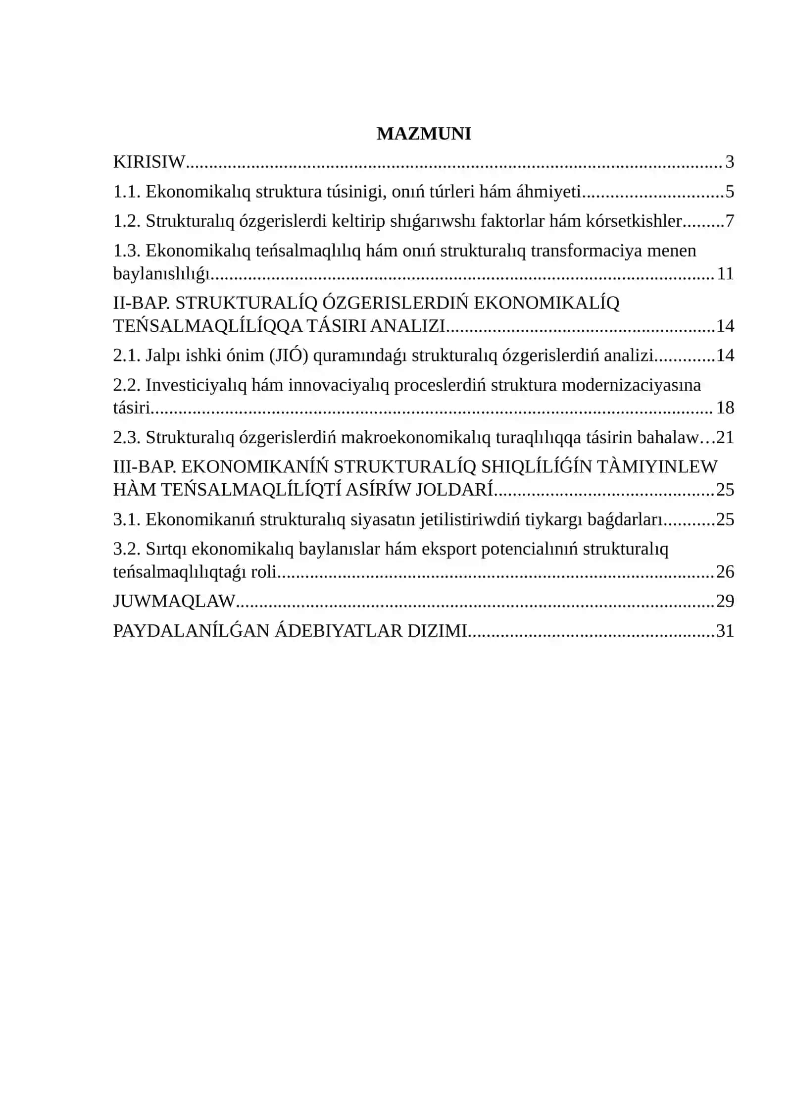Ekonomikaliq strukturaliq òzgerisler, onin ekonomikaliq teñsalmaqliliqqa tàsiri 2