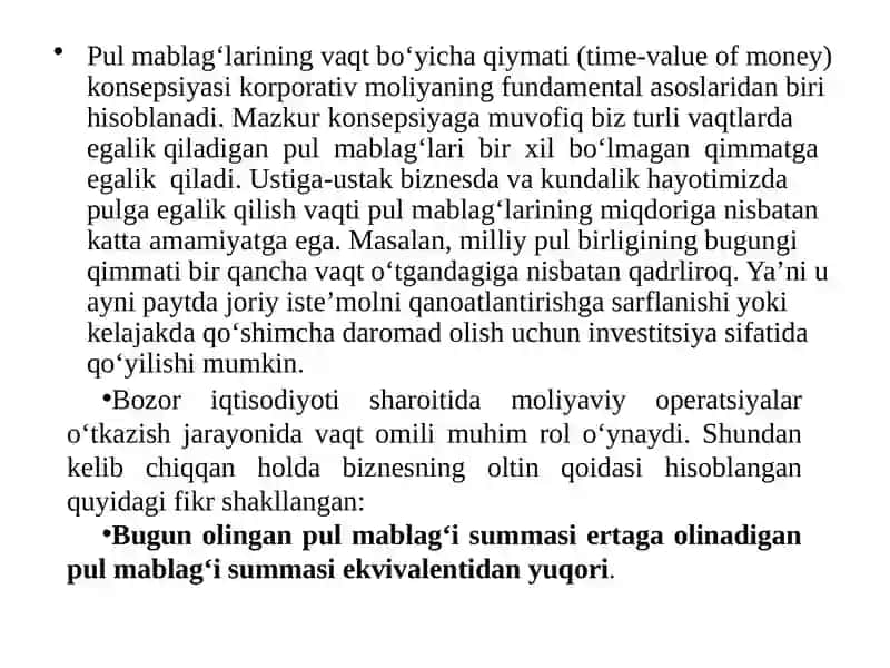 Pul mablag’larining vaqt bo‘yicha qiymati kontseptsiyasi 2