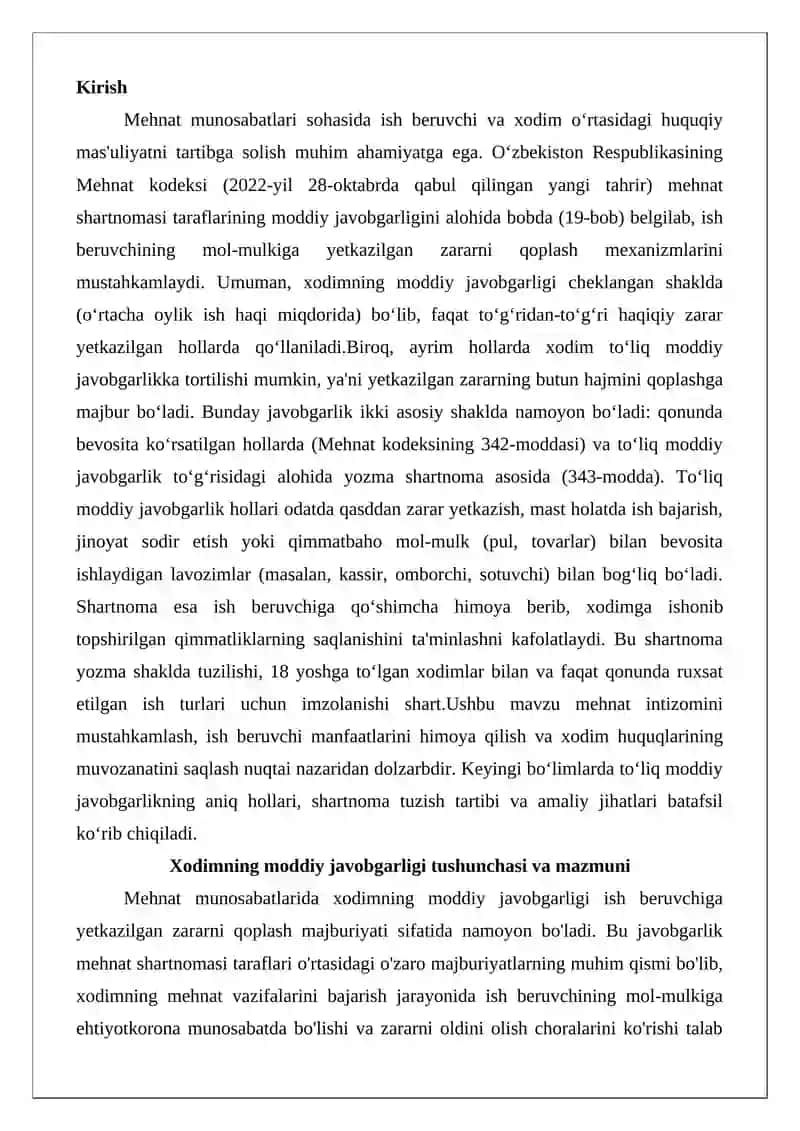 Mehnat munosabatlari sohasida ish beruvchi va xodim o‘rtasidagi huquqiy mas'uliyatni tartibga solish 2
