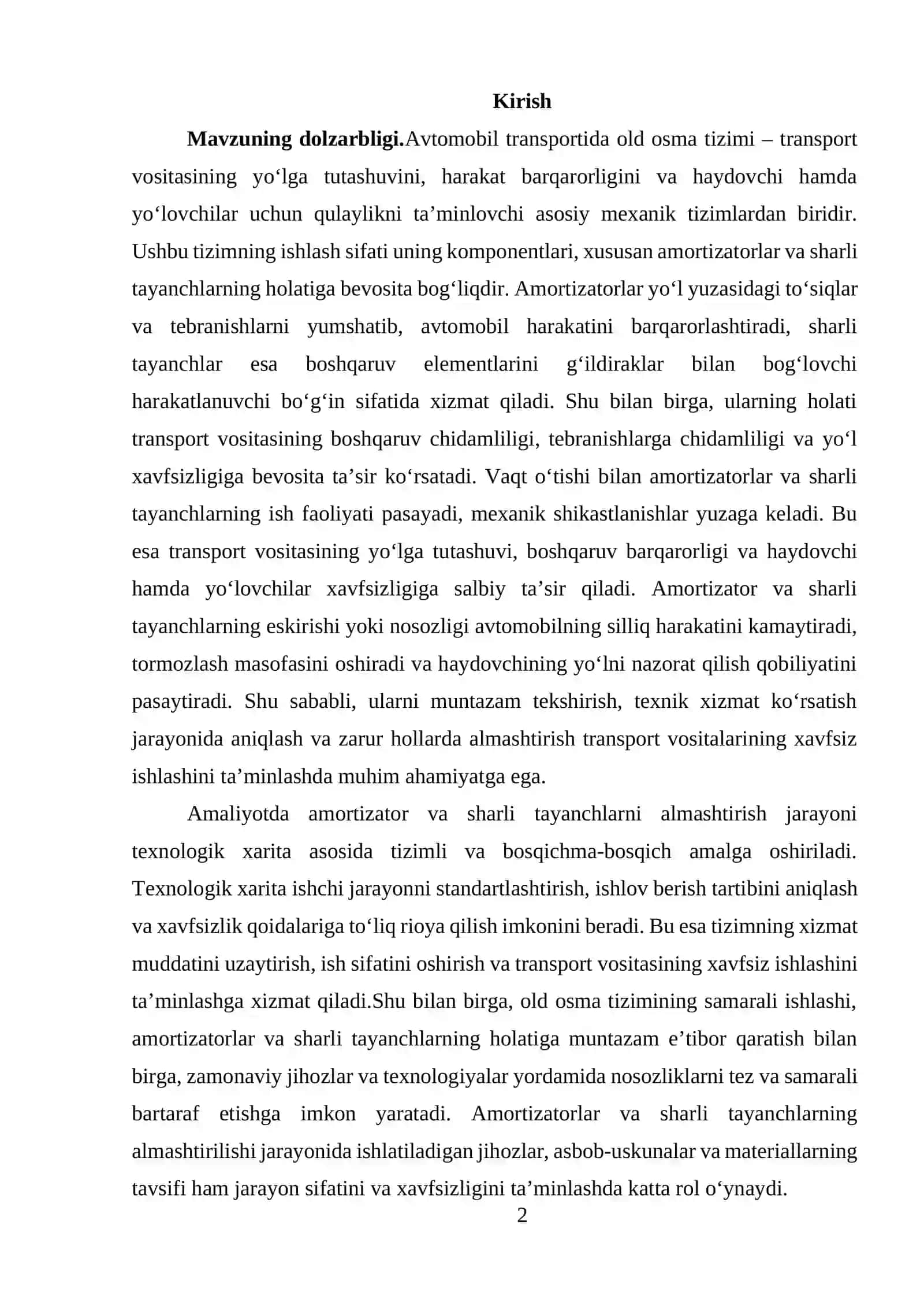 Old osma tizimi amortizatorlari va sharli tayanchlarini (sharovoy) almashtirish texnologik xaritasi 2