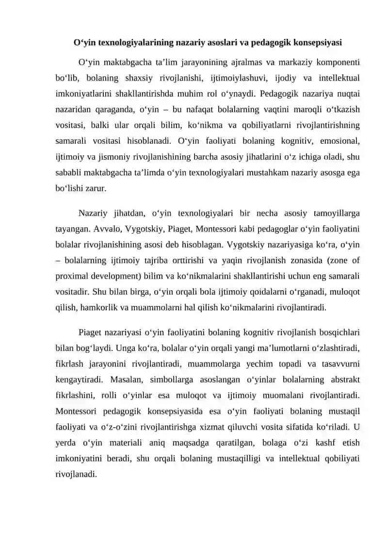 Maktabgacha ta’limda o’yintexnologiyalari nazariyasi va metodikasi 2