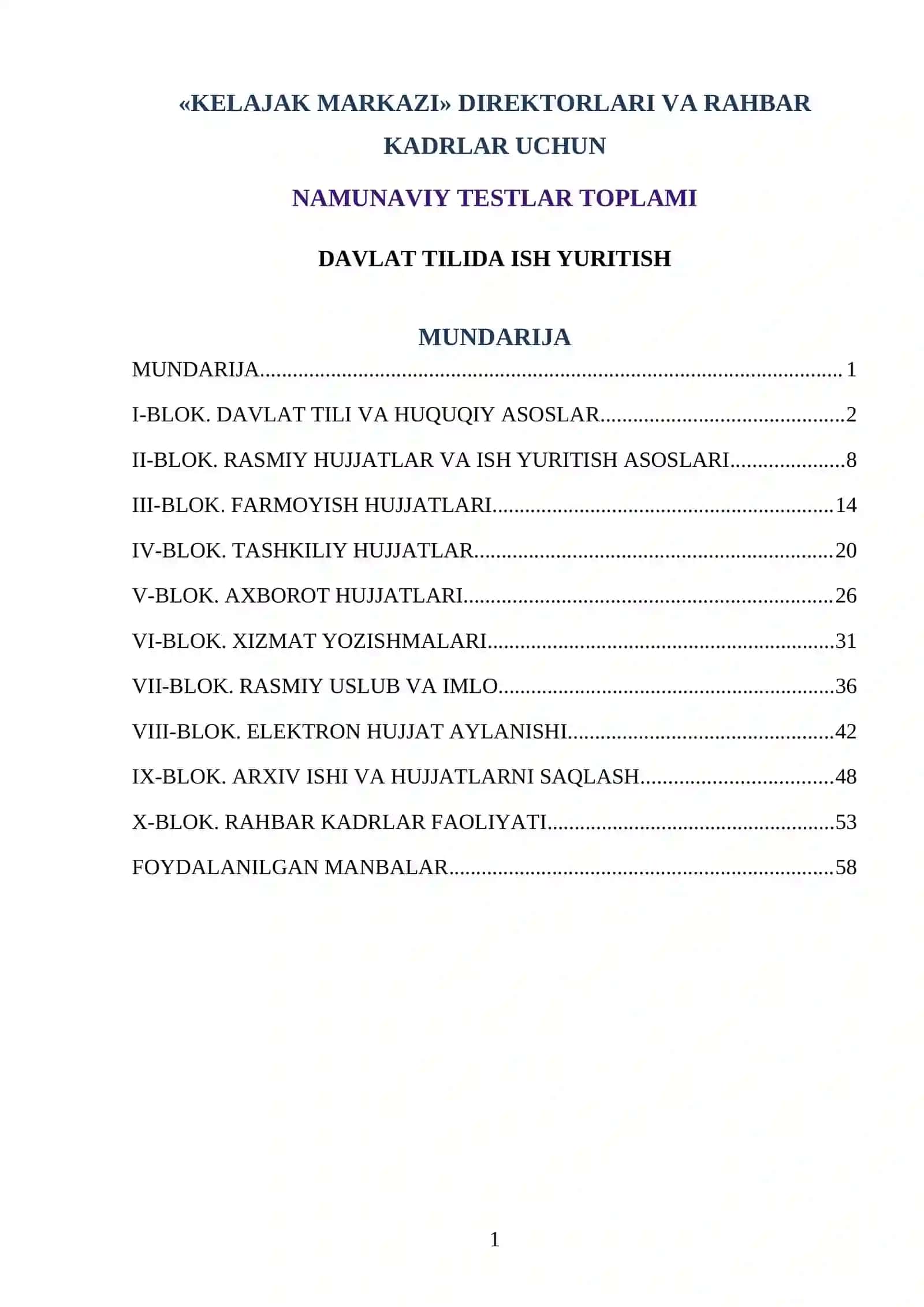 KELAJAK MARKAZI» DIREKTORLARI VA RAHBAR KADRLAR UCHUN NAMUNAVIY TESTLAR TOPLAMI 2