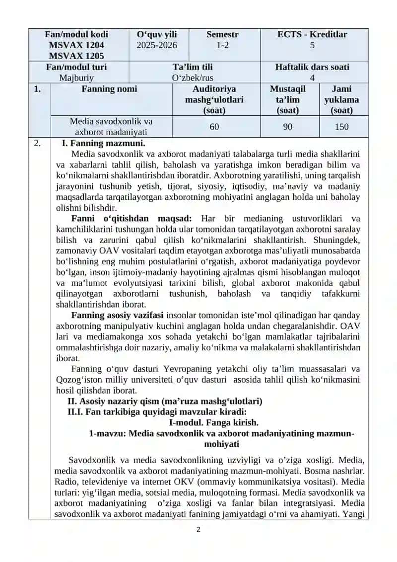 MEDIA SAVODXONLIK VA AXBOROT MADANIYaTI 2