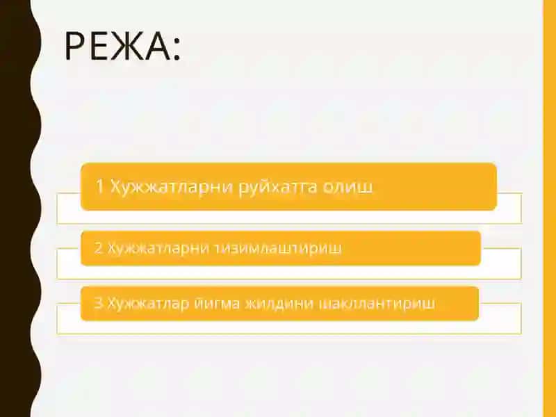 Ижро интизомини таъминлаш жараенида хужжатларни руйхатга олиш хужжатларни тизимлаштириш хужжатлар йигма жилдини шакллантириш. 2