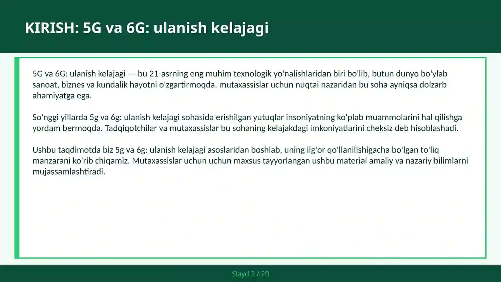 5G VA 6G: ULANISH KELAJAGI 2