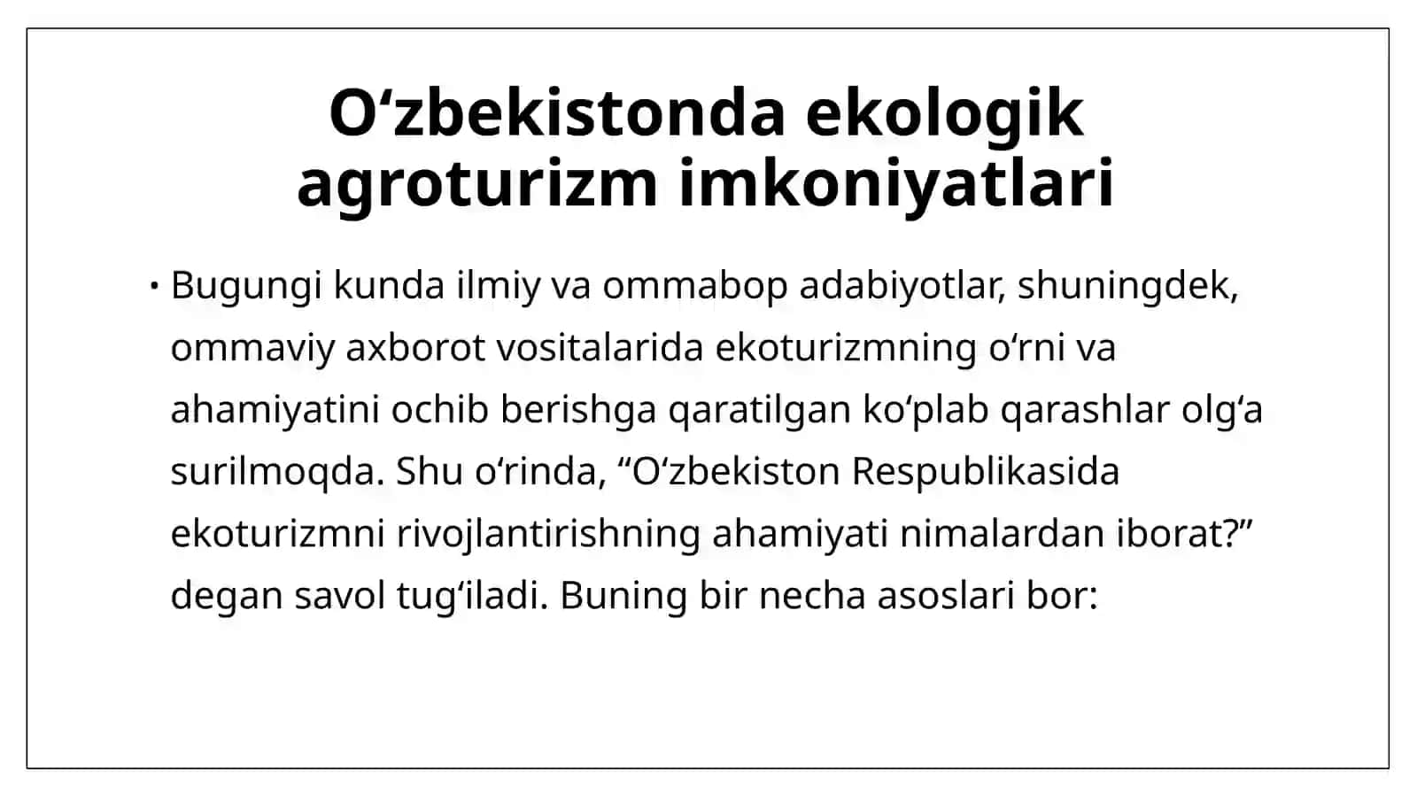 Ekologik turizm fanidan tayyorlagan taqdimot 2