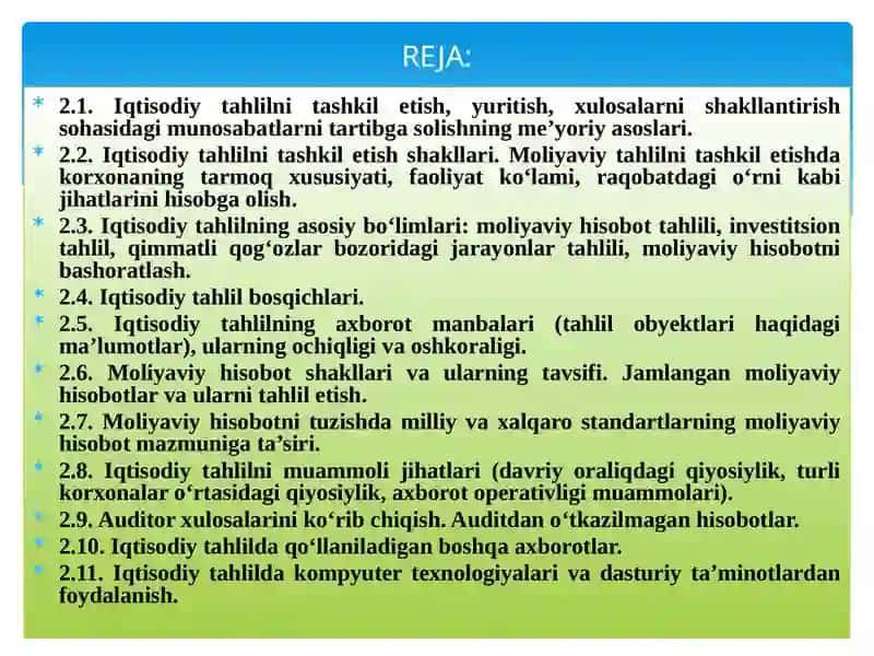 IQTISODIY TAHLILNI TASHKIL ETISH VA AXBOROT MANBALARI 2