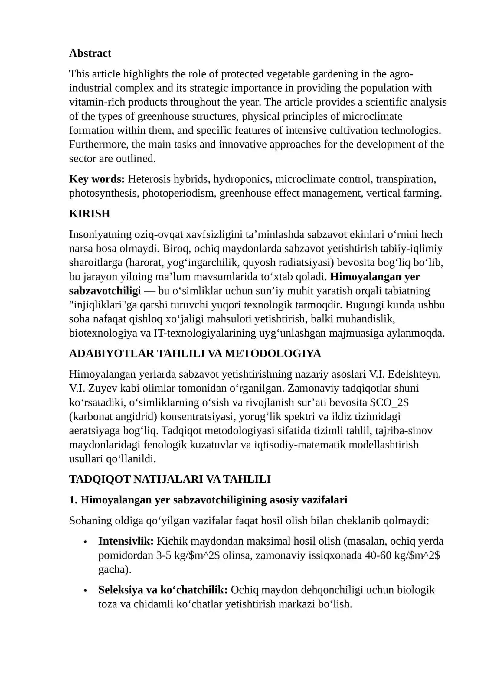 Himoyalangan yer sabzavotchiligi vazifalari va xususiyatlari 2