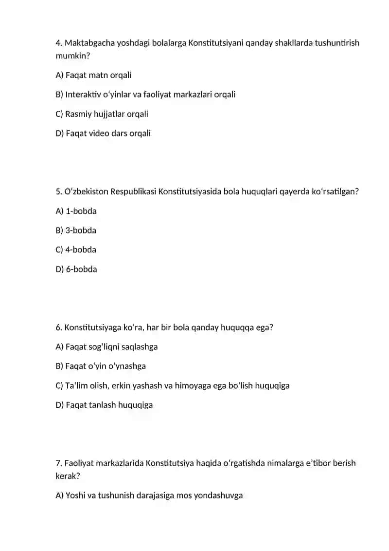 Faoliyat markazlarida maktabgacha yoshdagi bolalarni O'zbekiston Respublikasi Konstitutsiyasi bilan tanishtirish 2