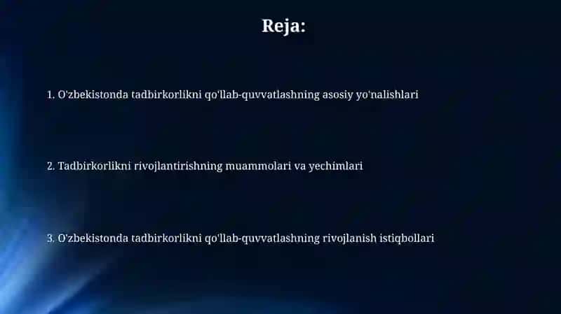 O'zbekistonda biznes qolab quvatlash darajasi 2
