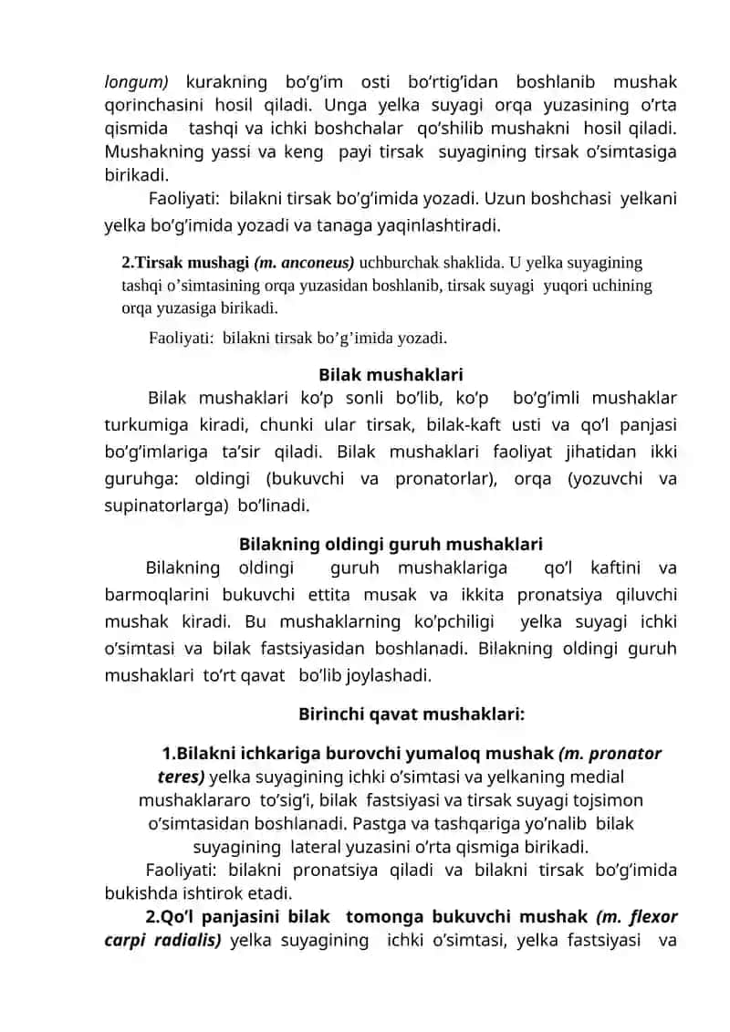 Yelka, bilak va qo’l panja mushaklari va fastsyalari. Qo’l topografiyasi 2