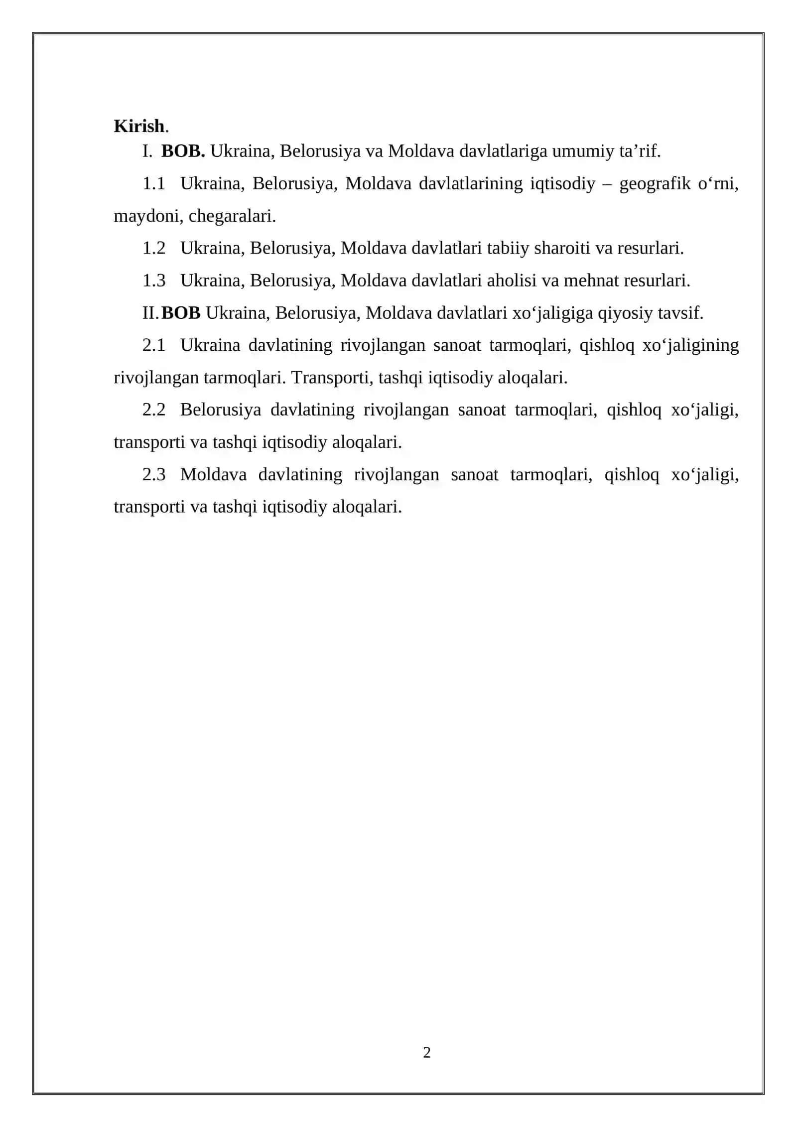 UKRAINA, BELORUSIYA VA MOLDAVA DAVLATLARIGA QIYOSIY IQTISODIY-GEOGRAFIK TAVSIFI 2