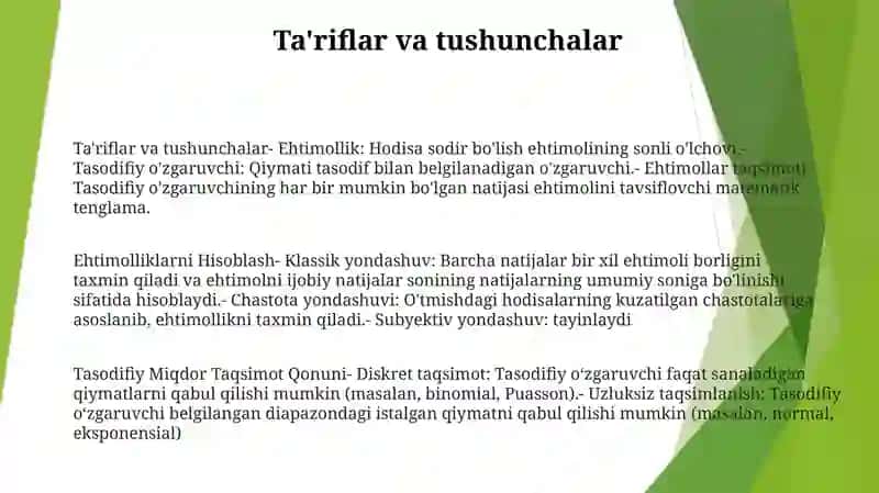 Ehtimolliklarni Hisoblash. Tasodifiy Miqdor Taqsimot Qonuni:( 2