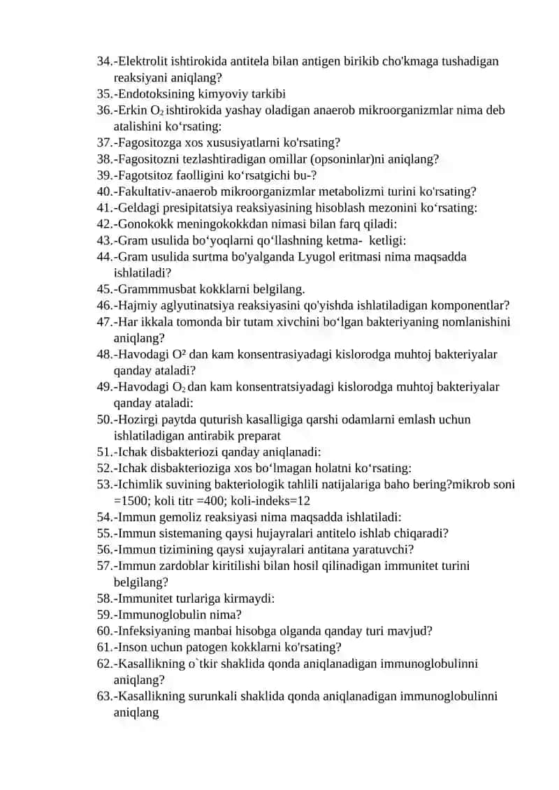 Mikrobiologiya va immunologiya fanidan test savollari 2