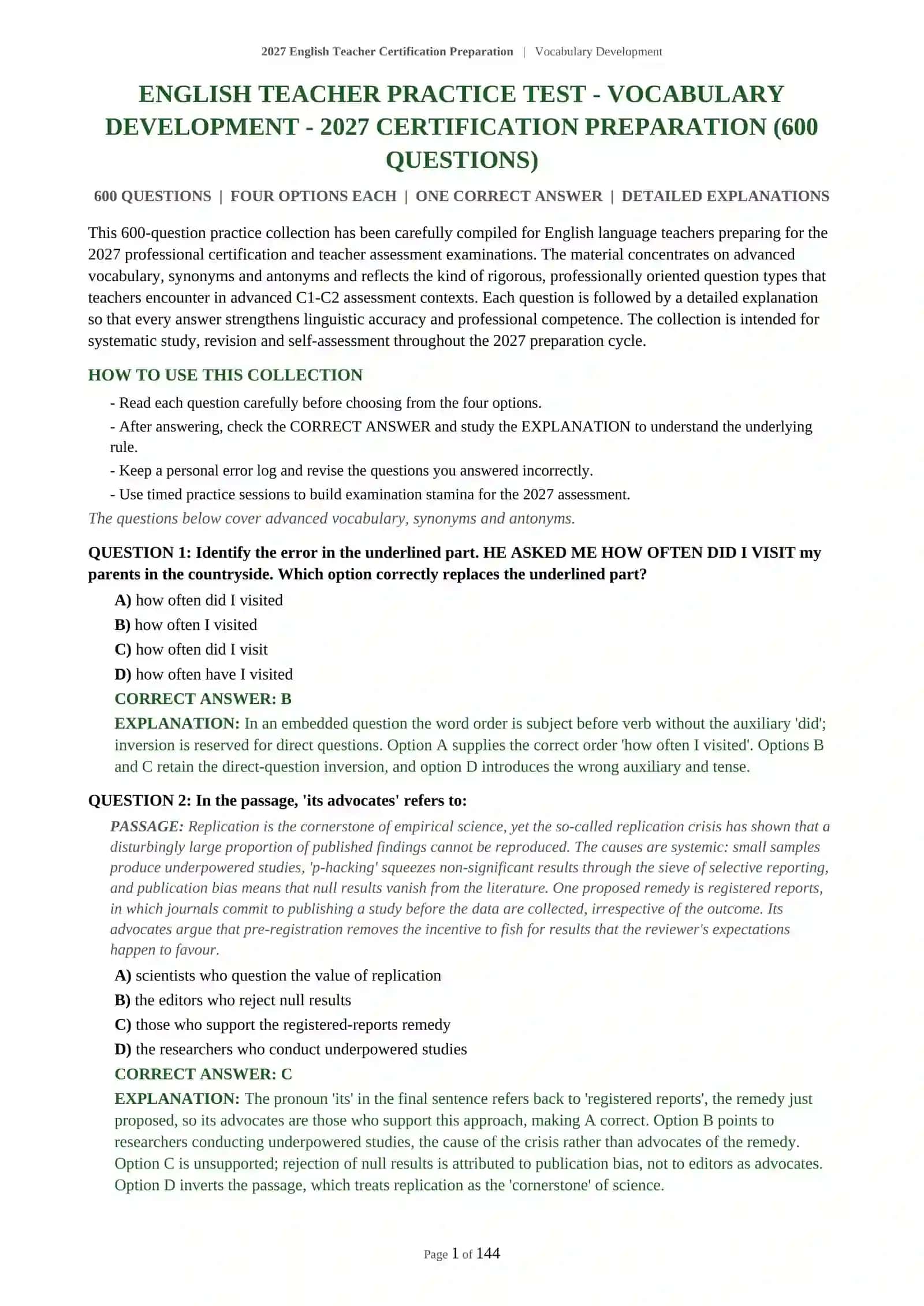 ENGLISH TEACHER PRACTICE TEST - VOCABULARY DEVELOPMENT - 2027 CERTIFICATION PREPARATION 2