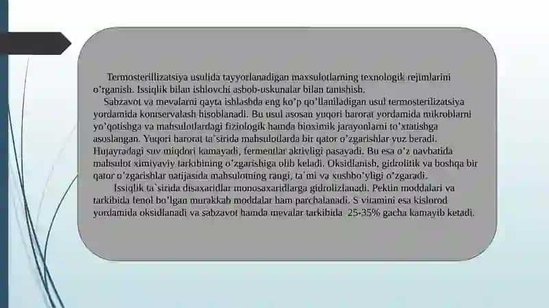 MEVAVA SABZAVOTLARNI TERMOSTRELLIZASIYA USULIDA QAYTA ISHLASH TEXNOLOGIYASI 2