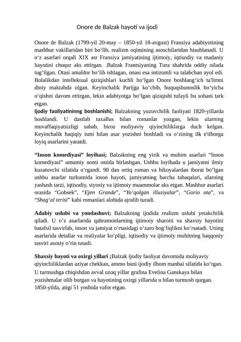 Onore de Balzak asarlaridagi realiyalar tarjimasi 2