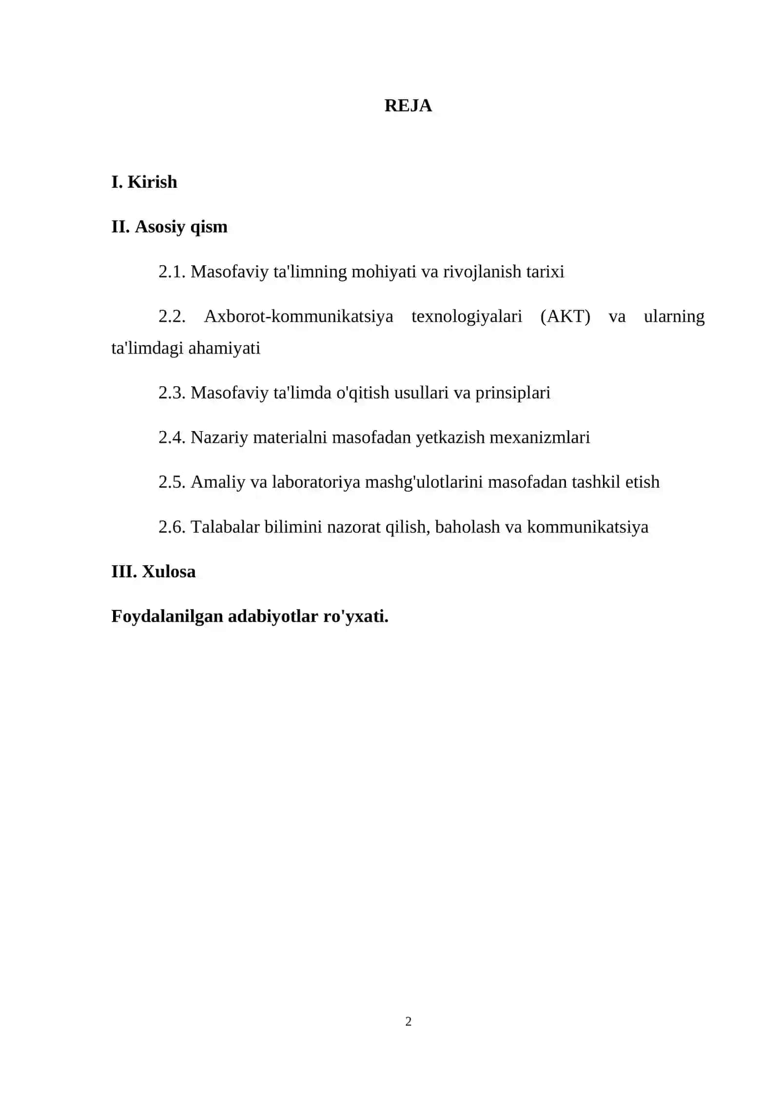 "Masofaviy ta’limda informatika fanini o‘qitish xususiyatlari" mavzusida kurs ishi 2