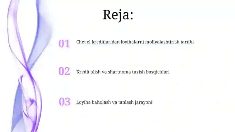 Loyihalarni xorijiy kreditlar hisobidan moliyalashtieish tartibi 2