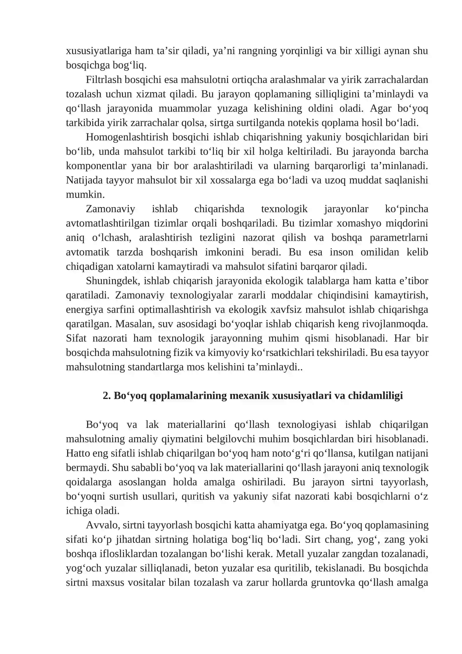 MA'RUZA: BO'YOQ VA LAK MATERIALLARI TEXNOLOGIYASI 2