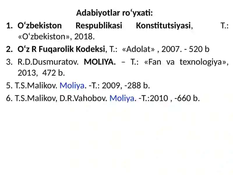 M O L I YА A S O S L A R I (10 soat ma’ruza) 2