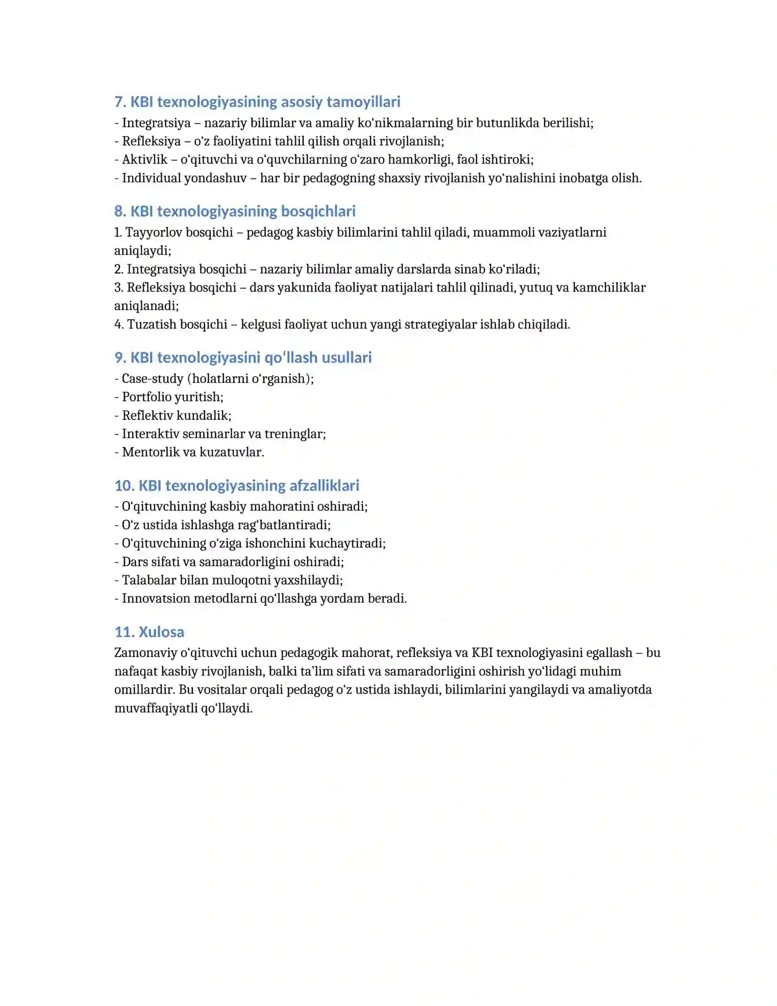 PEDAGOGIK MAHORATNI EGALLASH VOSITALARI. PEDAGOGIK REFLEKSIYANI SHAKLLANTIRISH VA KBI TEXNOLOGIYASINI QO‘LLASH 2