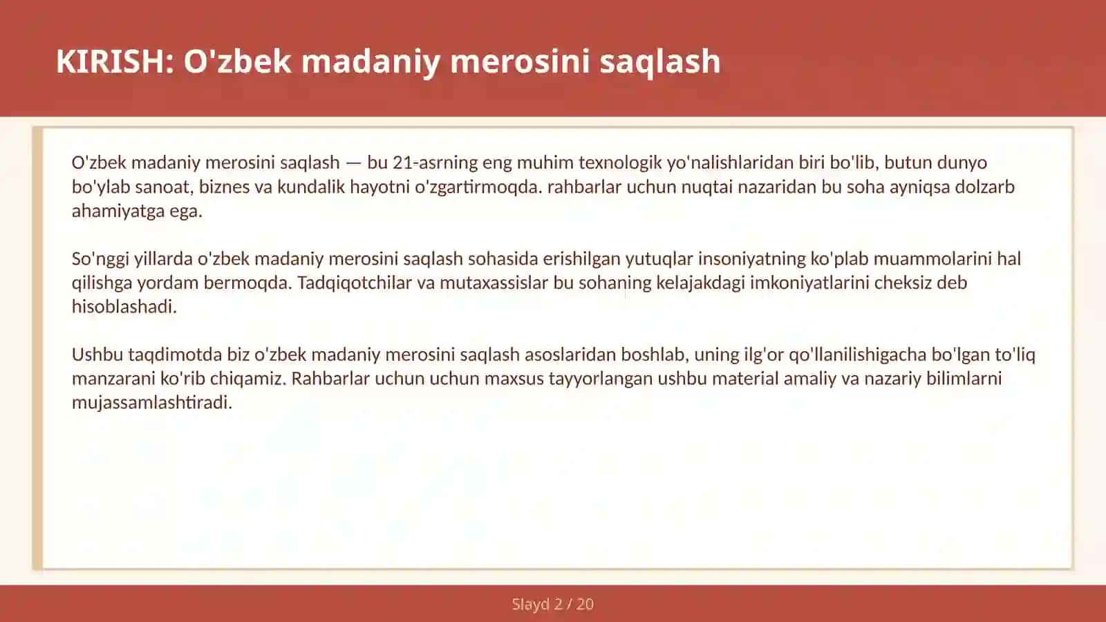 O'ZBEK MADANIY MEROSINI SAQLASH 2