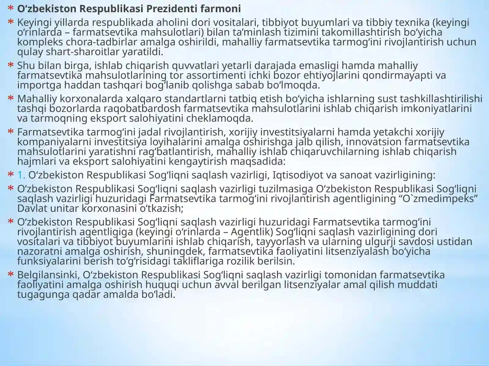 O’zbekiston Prezidentining retseptura asoslangan qonun va farmoyishlari 2