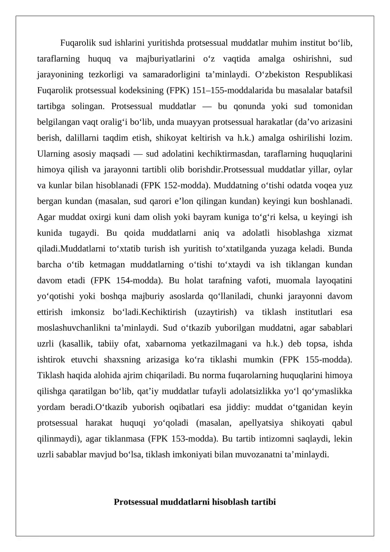 Protsessual muddatlarni hisoblash, to‘xtatib turish, kechiktirish va tiklash, uni o‘tkazib yuborish oqibatlari 2