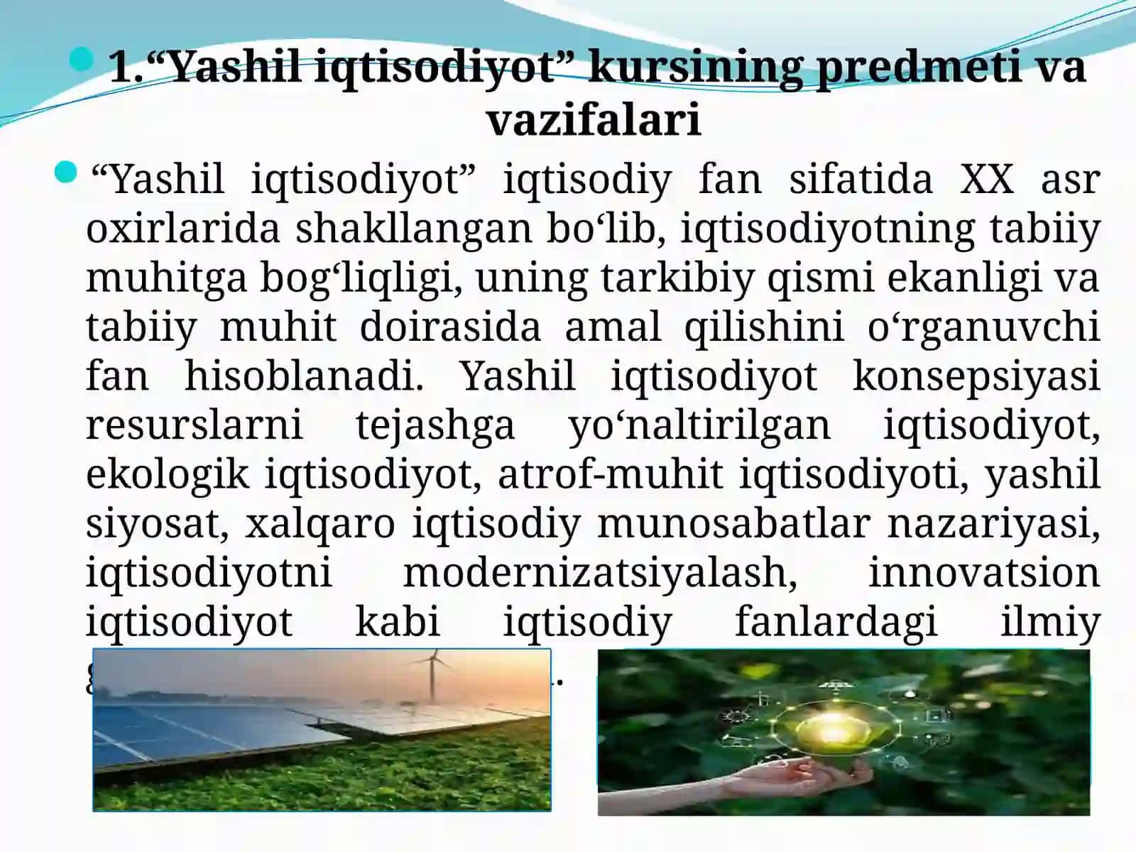 Yashil iqtisodiyot faninng predmeti va vazifalari 2