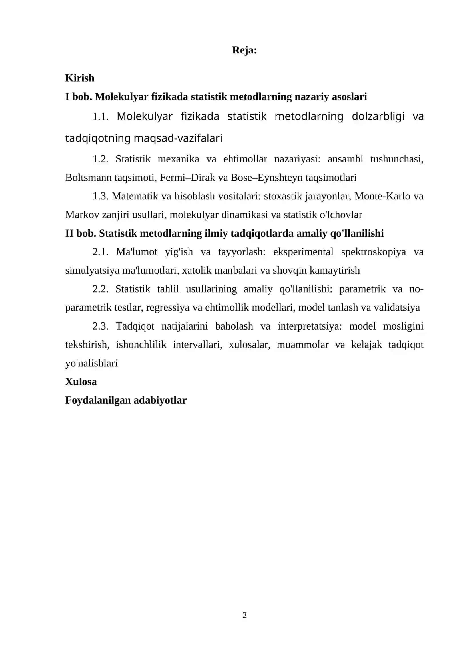 MOLEKULYAR FIZIKADA STATISTIK METODLARNING ILMIY TADQIQOTLARDA QO'LLANILISHI 2