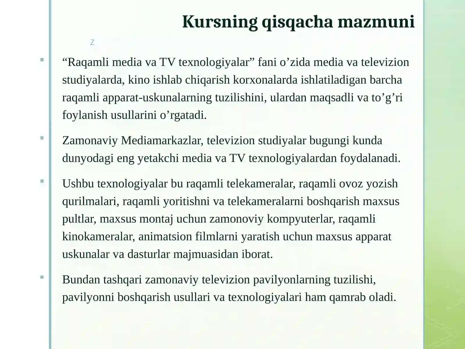 Raqamli media va TV texnologiyalar faniga kirish. Mediata’lim modellari 2