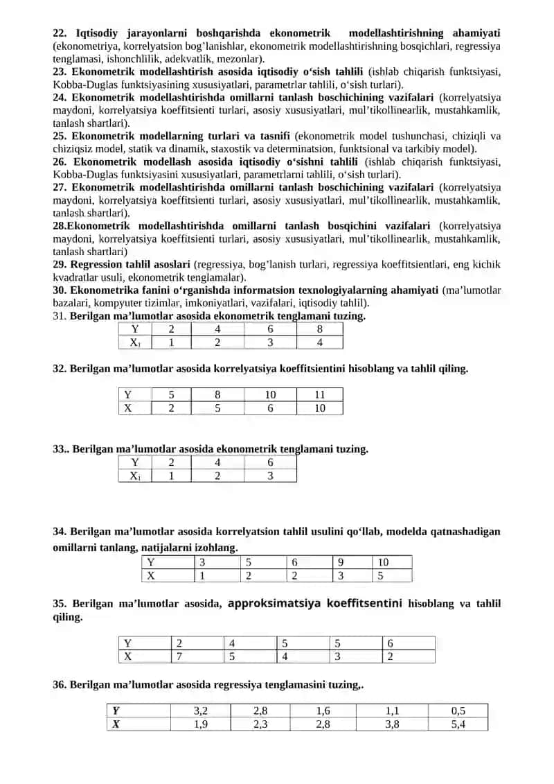 Ekonometrika asoslari fanidan yakuniy nazorat 2