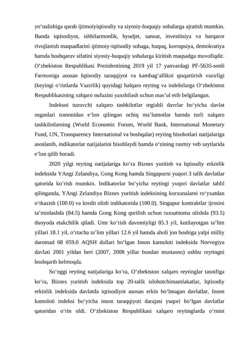O‘zbekiston Respublikasining xalqaro reyting va indekslardagi o‘rni va nufuzini ortib borishi 2