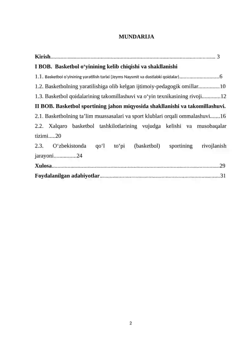 Baketbol o'yinlarining kelib chiqishi va rivojlanish tarixi. O'zbekiston qo'l topi rivojlanishi 2