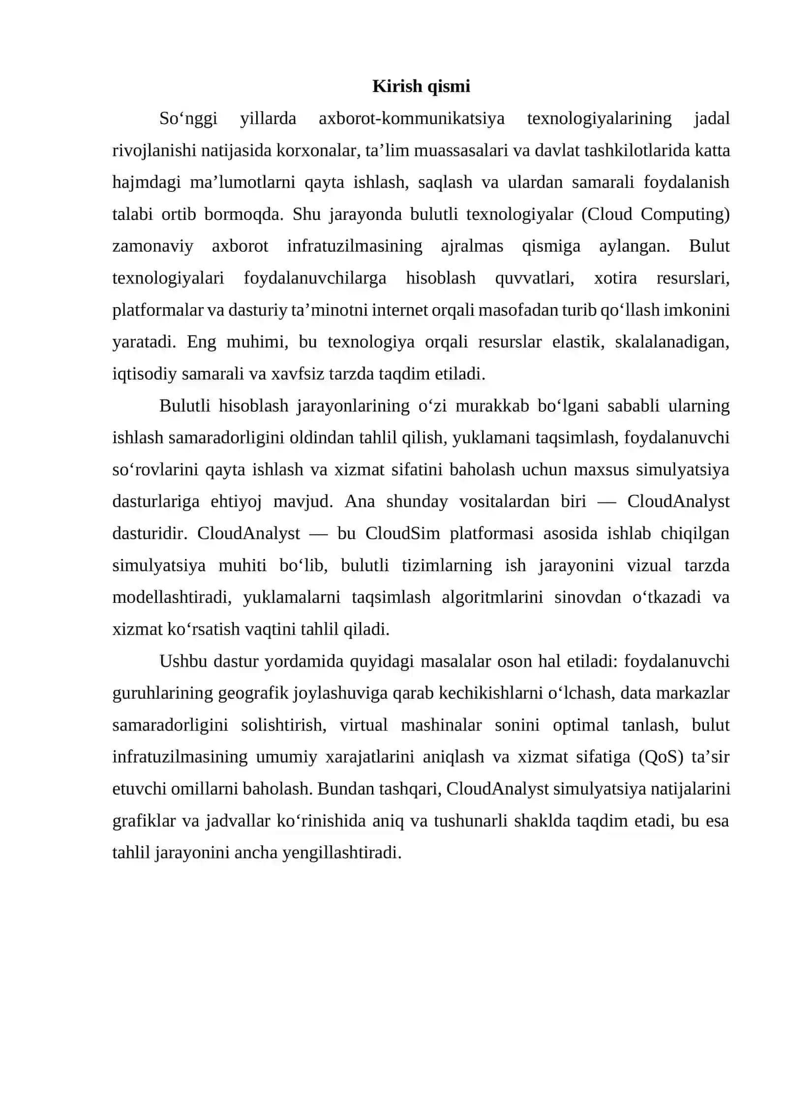 «CloudAnalyst» dasturida cloud texnologiyasining asosiy xarakteristikalari tahlili 2