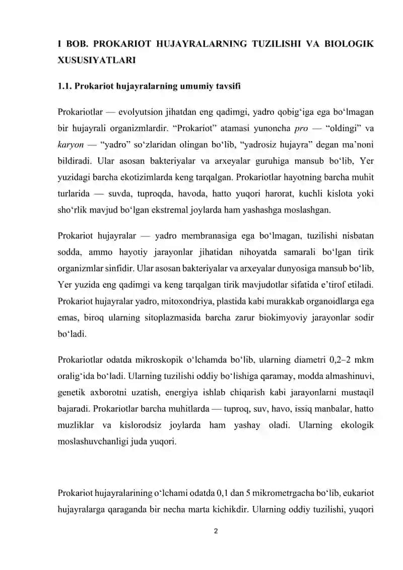 Prokariot va eukariot hujayralarning tuzilishi va biologik xususiyatlari. 2