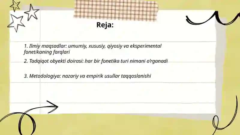 Umumiy fonetika, xususiy fonetika, qiyosiy fonetika va eksperimental fonetikaning oʻzaro farqini tushuntiring 2