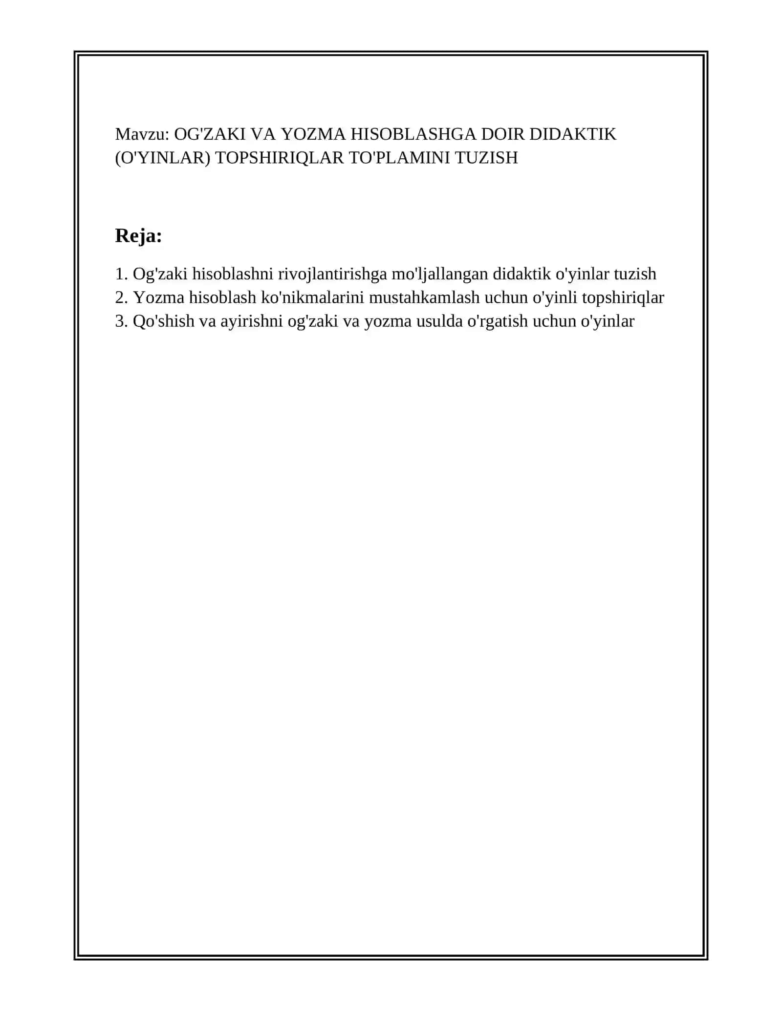 OG'ZAKI VA YOZMA HISOBLASHGA DOIR DIDAKTIK (O'YINLAR) TOPSHIRIQLAR TO'PLAMINI TUZISH 2