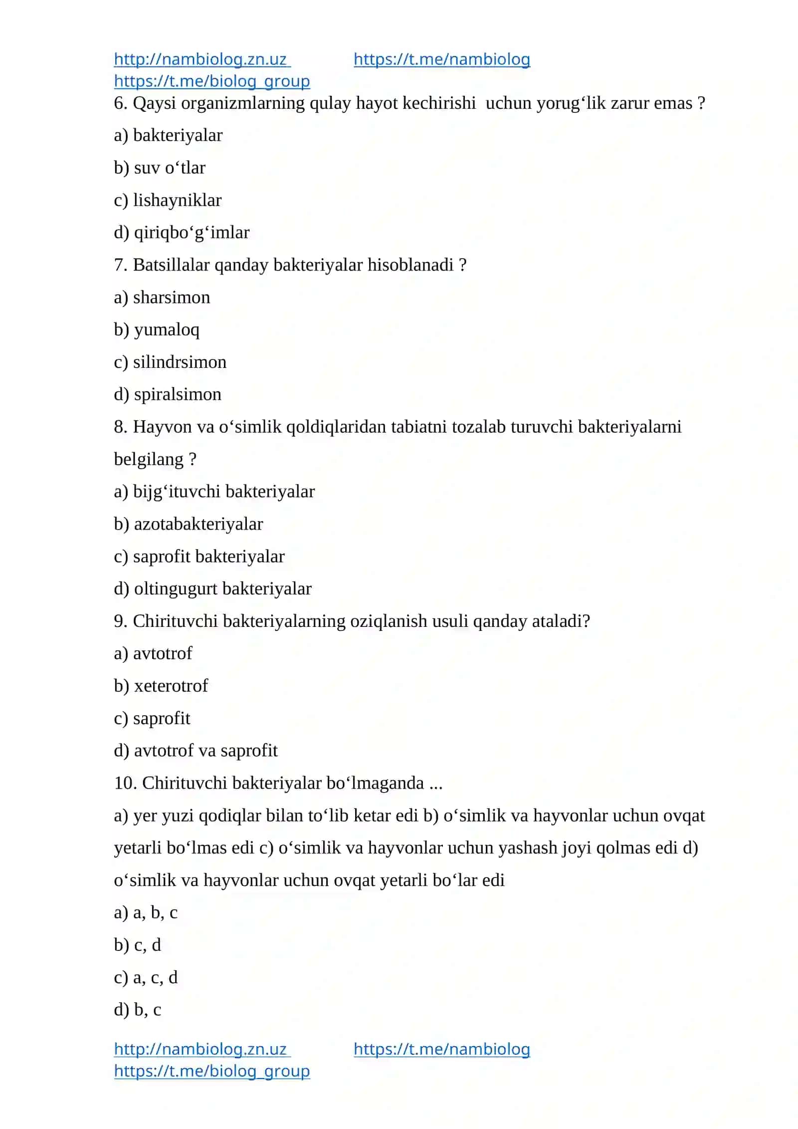 Biologiya Test Savollari 2