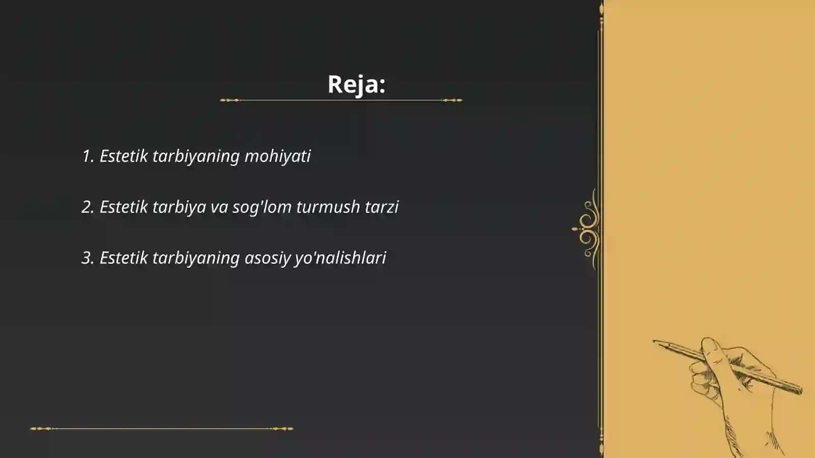 Sog'lom turmush tarzini qaror toptirishda tarbiya shakllarining uzviyligi:estetik tarbiyaning turlari va yo'nalishlari 2